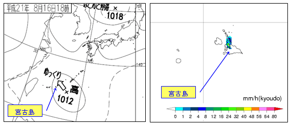 2009年8月16日の速報天気図とレーダー画像