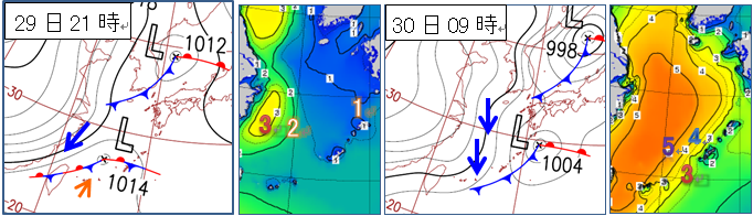 2012年12月29日21時と30日09時の地上天気図と沿岸波浪実況図